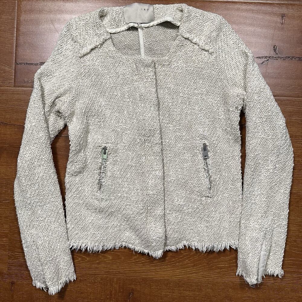 IRO Knit Jacket Blazer 0 Ivroy Tweed Frayed Full Zip Designer Couture City Chic